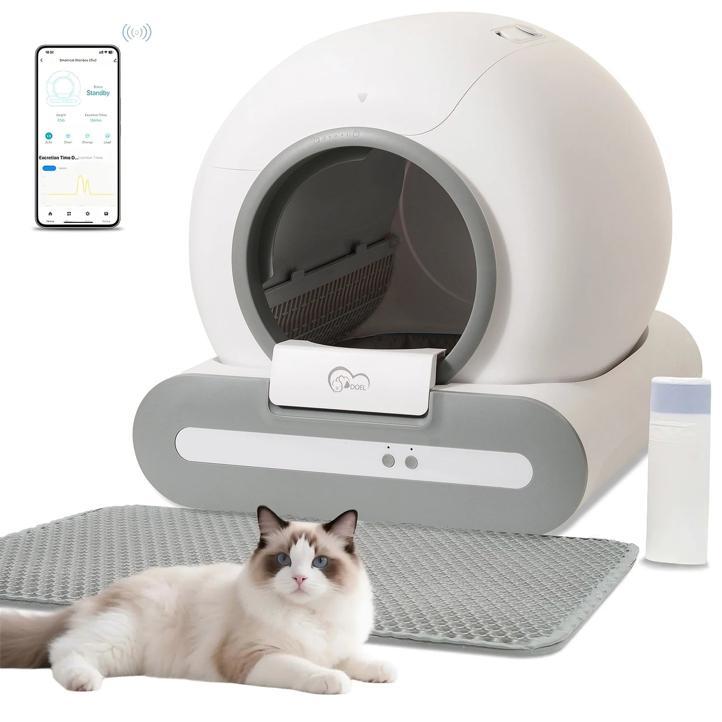 Self-Cleaning Cat Litter Box, App Control, ONLY Supports 2.4G WiFi w/Litter Mat & Trash Bags, keeping your Home Fresh Smelling.