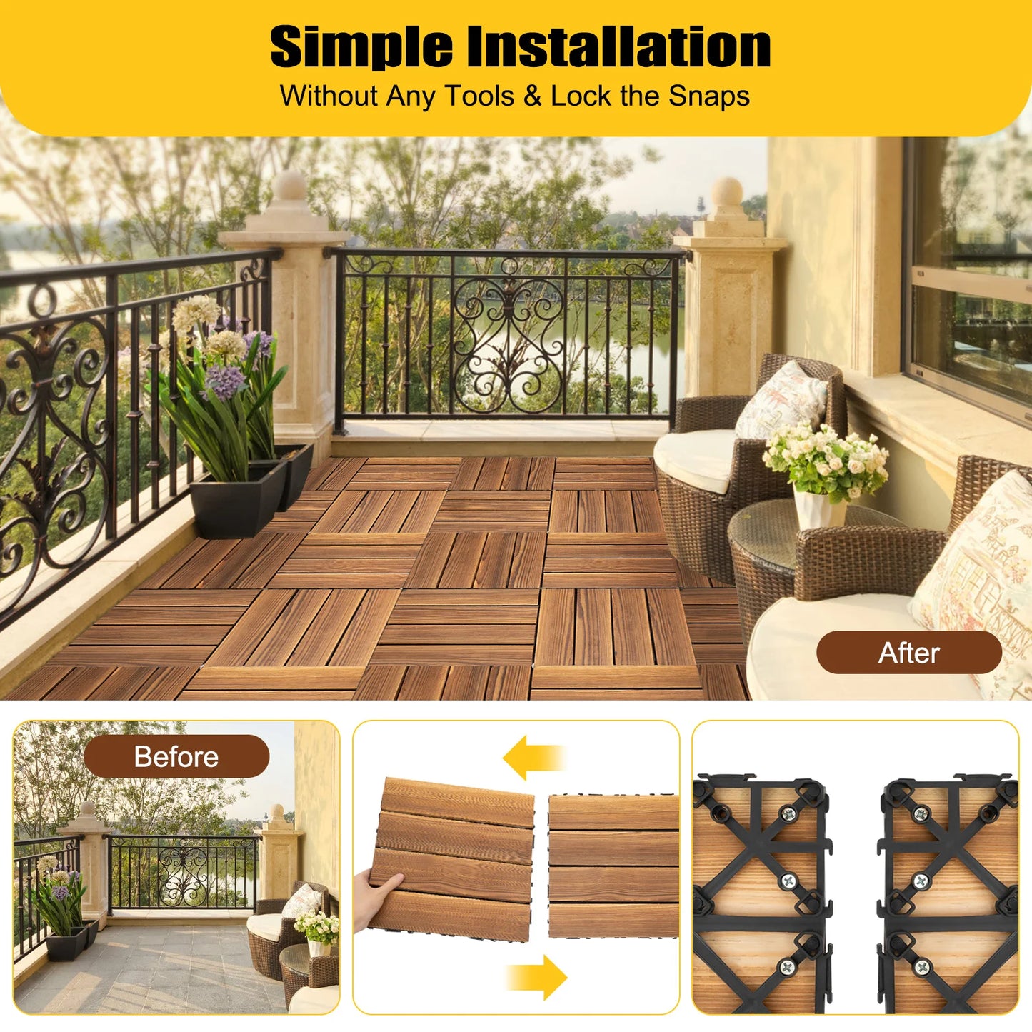 Solid Wood Interlocking Deck Tiles For Outdoor Flooring Non Slip