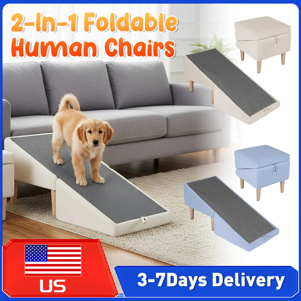 Convertible Pet Ramp With Foldable Footstool Helps Small Pets or Aging Pets Reach Higher Surfaces