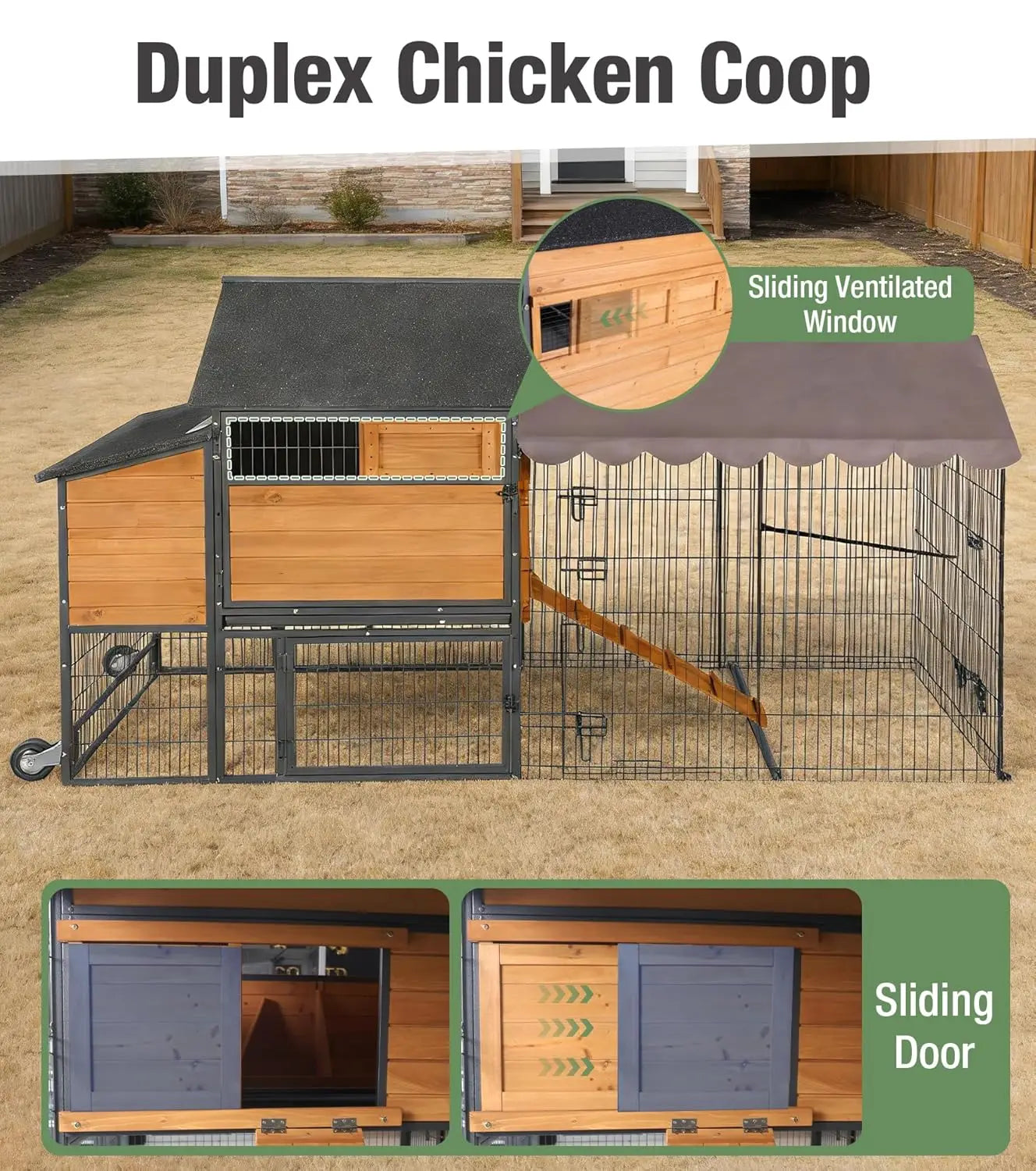 Mobile Chicken Coop with Run and Vent Window, Lockable, Waterproof