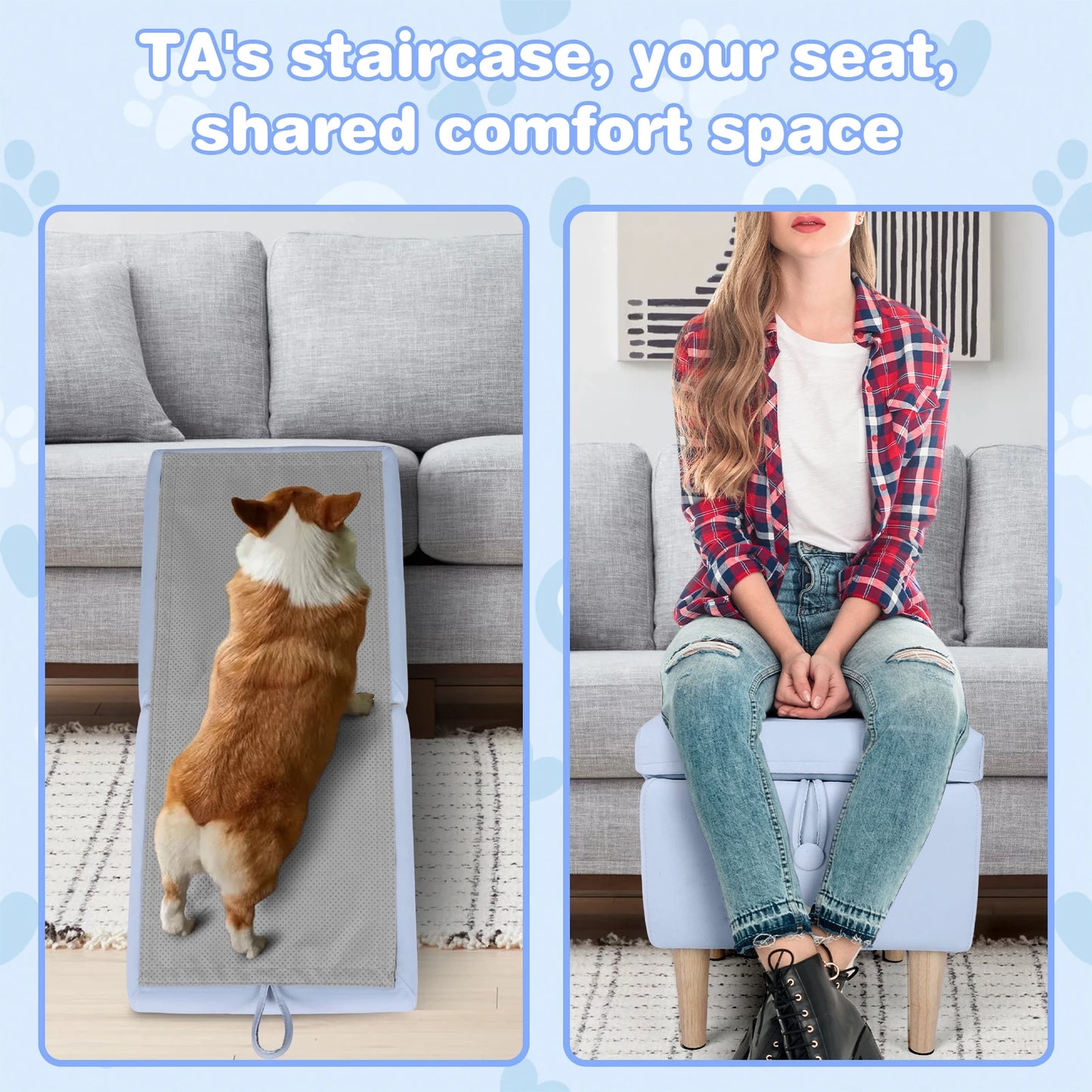 Convertible Pet Ramp With Foldable Footstool Helps Small Pets or Aging Pets Reach Higher Surfaces