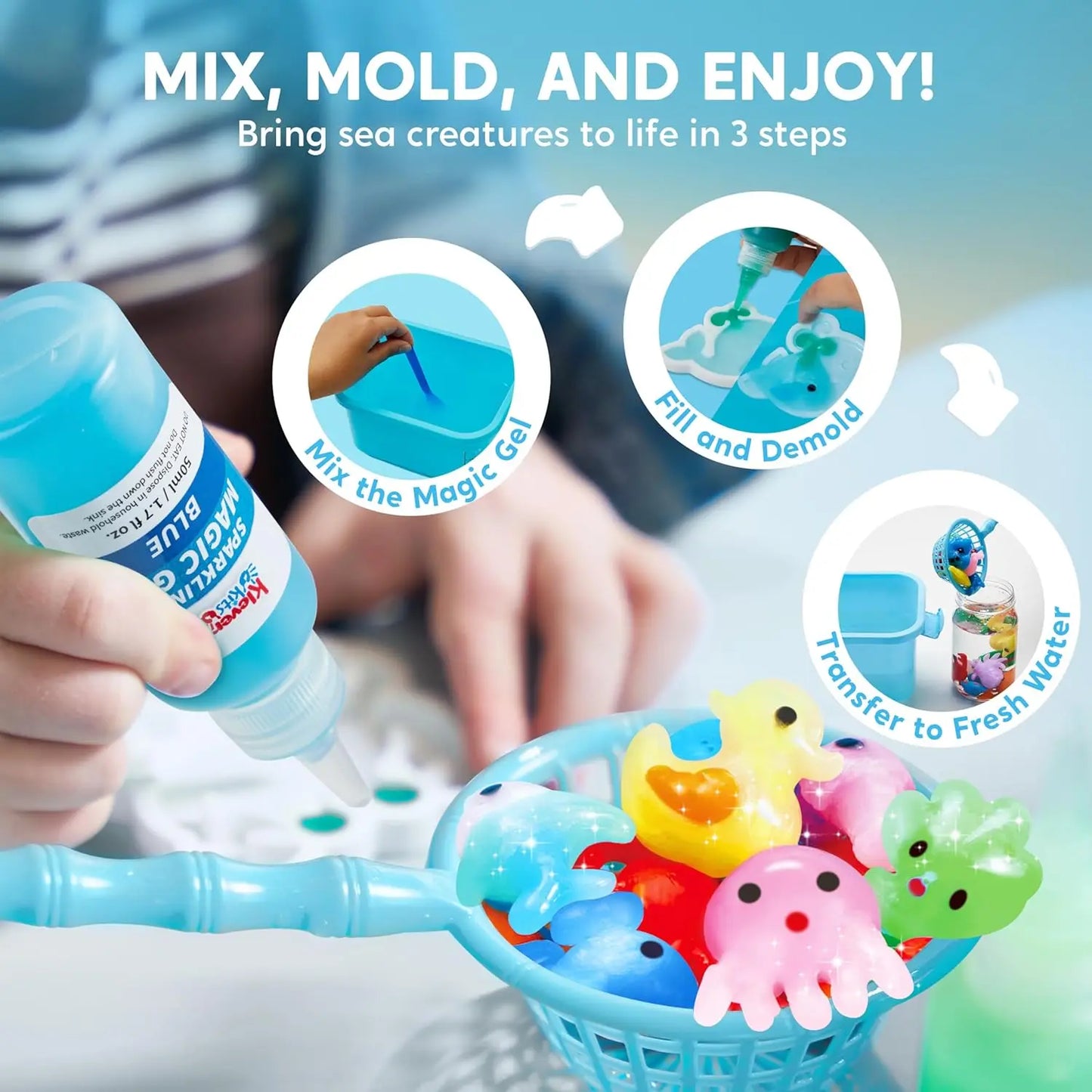 Water Gel Toy Kit with 10 Gel  Bottles for Kids that enjoy sensory play with hands.