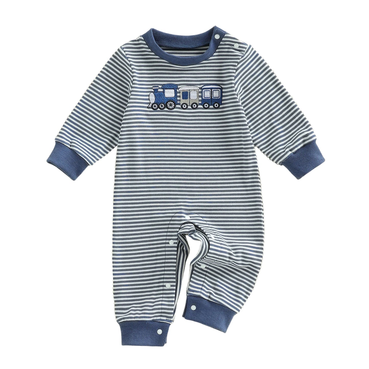 Infant-Toddler Boys Striped Playsuit with Long Sleeves and Train Embroidery. Comfortable Crewneck Loose Fit Romper