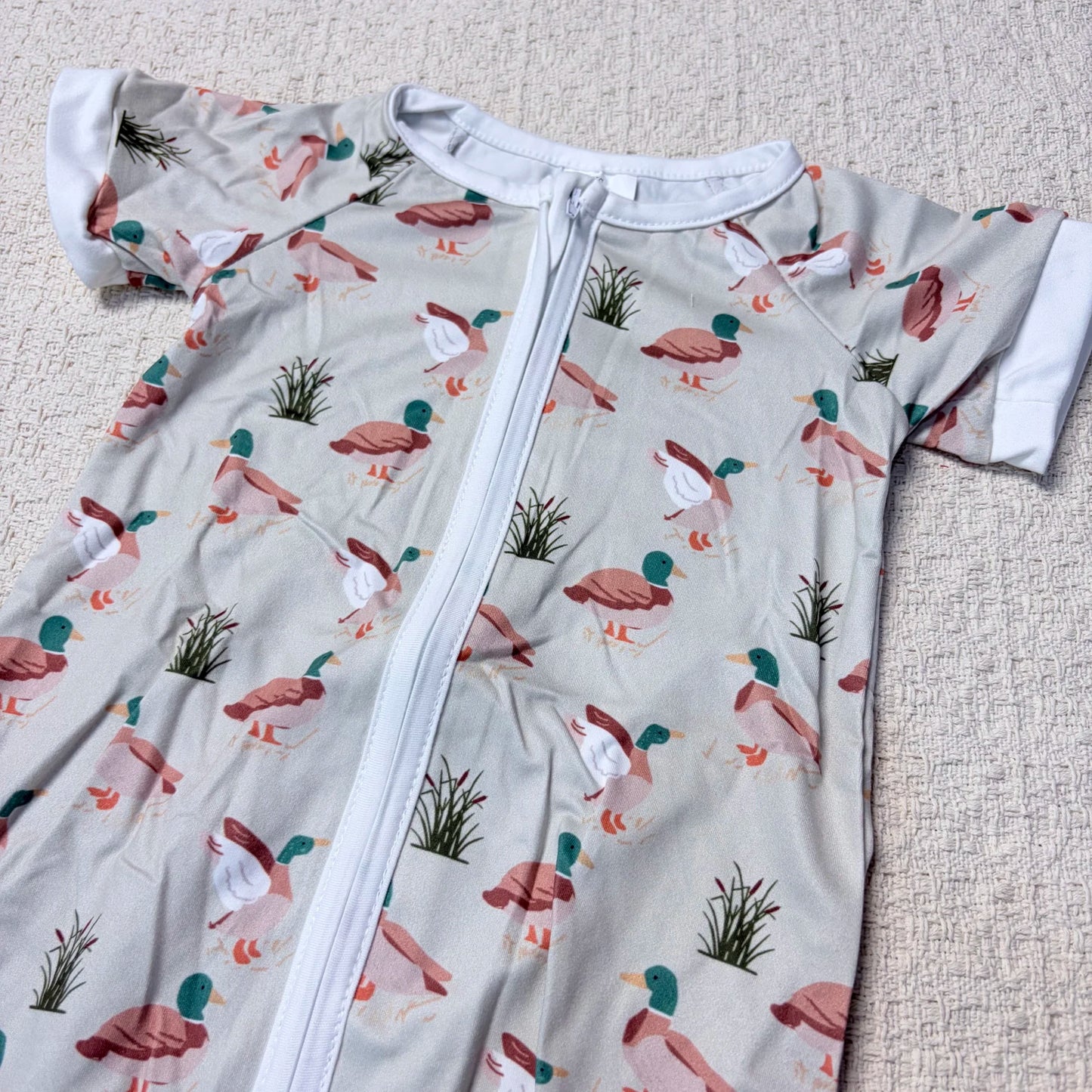 Baby Boy Summer Romper with Short Sleeves and front zipper. Duck Design, Sibling Outfits Infant to Toddler.