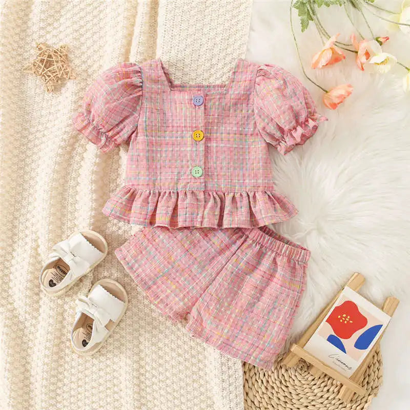 Toddler Summer Baby Girl Cotton Pastel Plaid Bubble Sleeve Top And Shorts Set, Cute for Special Occasions.
