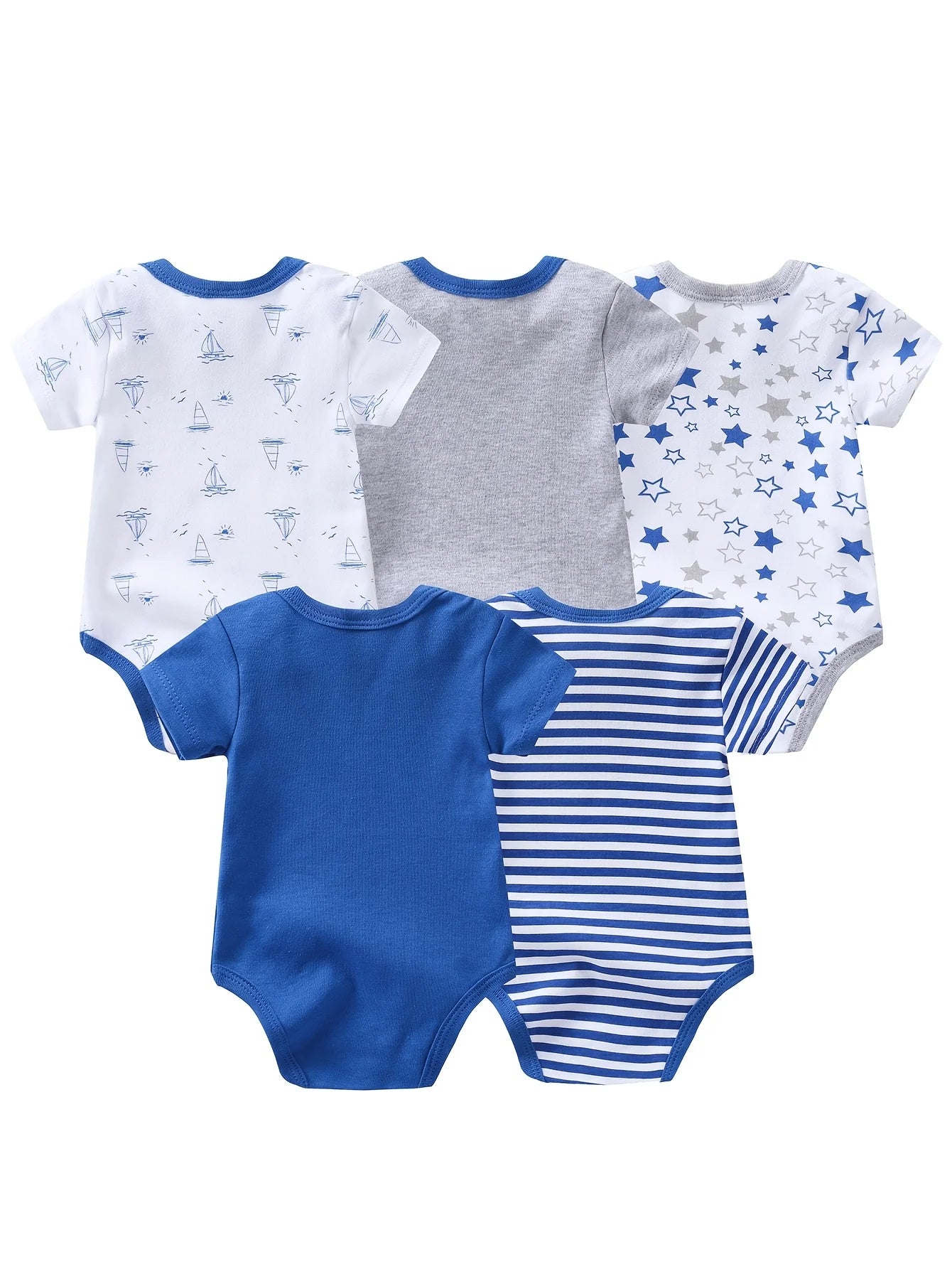 5pcs Baby Boy Bodysuits, Short Crawler Onesies, with Sailboat Pattern, Soft Breathable Casual Infant Clothes, infant sizes 0-12 months.