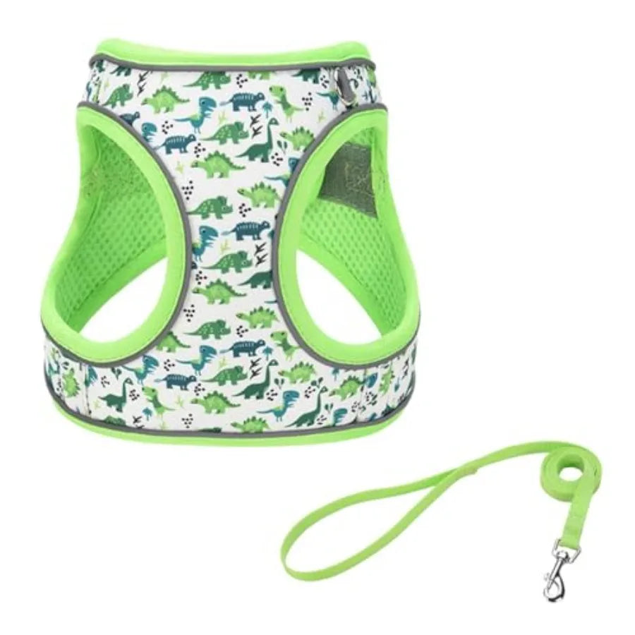 Step-In Dog Harness for No-Pull walks with cute Dinosaur Print and Leash