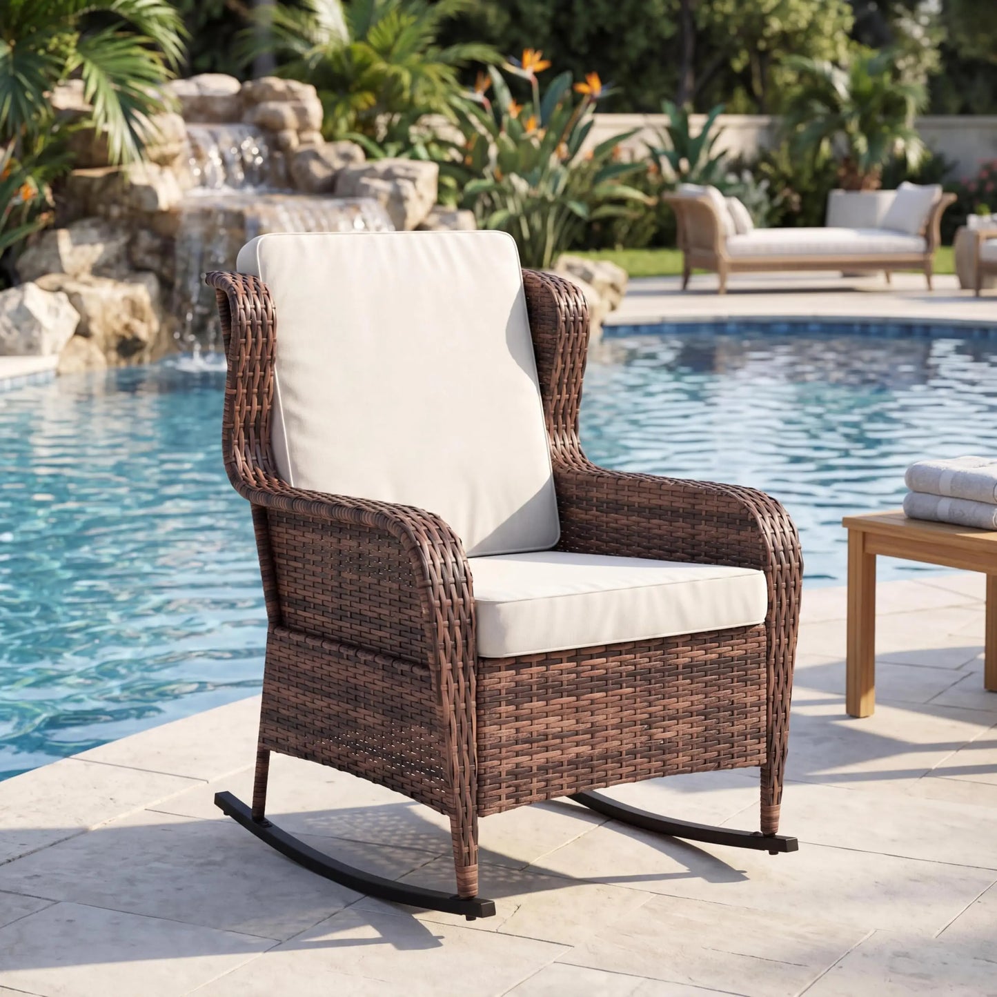 Outdoor Wicker Rocking Chair, All-Weather Patio Rocker with Thick Cushions, High Back Rattan Chair For Adding Style to Front Porch, Garden or Backyard