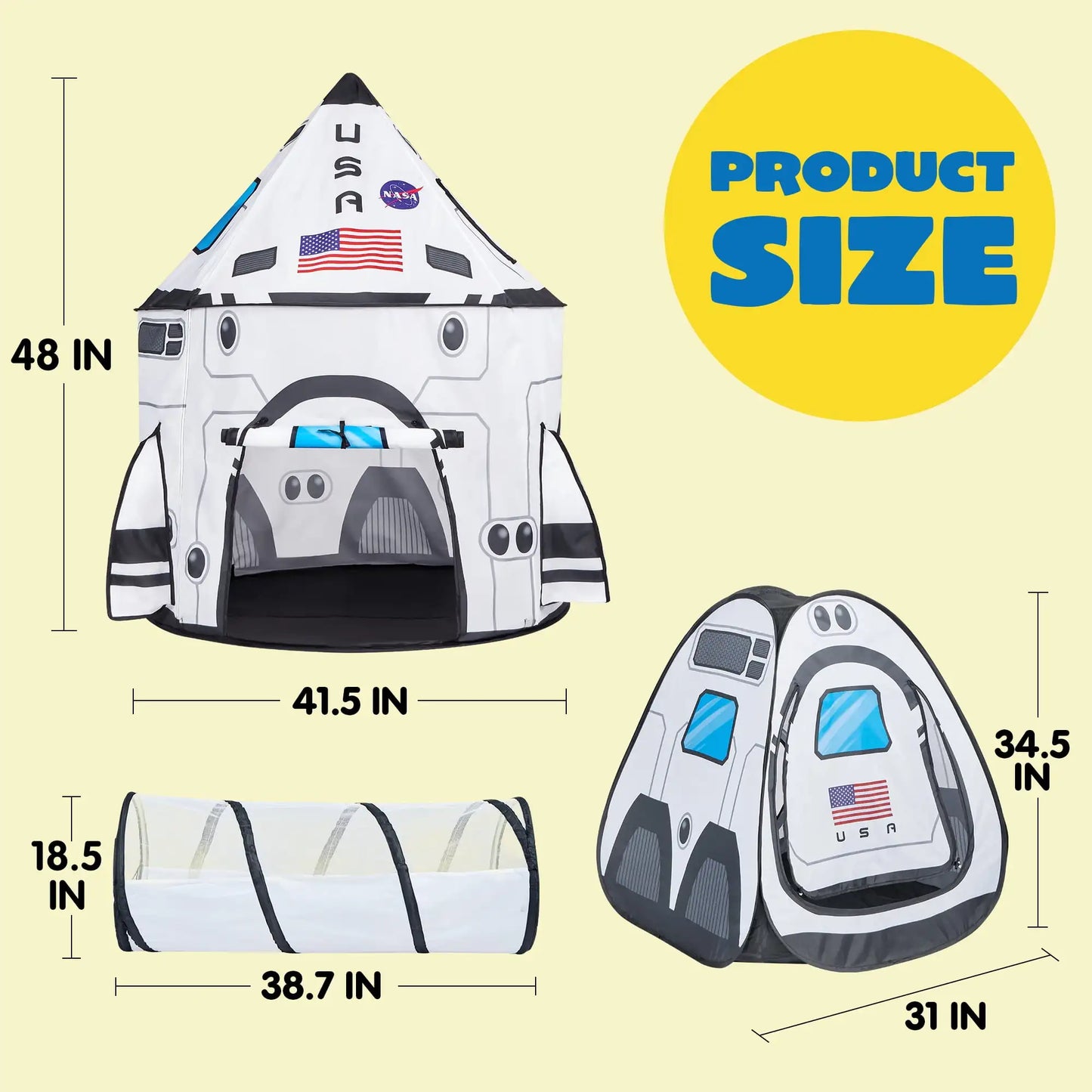 Rocket Ship Play Tents, Pop up Play house with Tunnel, 3-Piece Play Tent for Kids Pretending a Rocket Ship Adventure. Makes great gift for Kinders who enjoy Pretending!