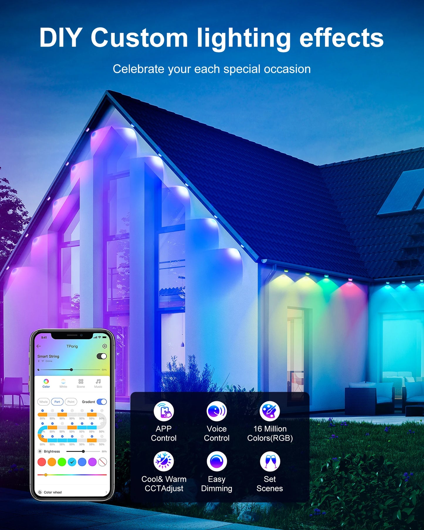 Permanent Outdoor Lights, 100ft/150FT Festive Lights with 60/90 LED Lights, Waterproof, 100 Scene Modes
