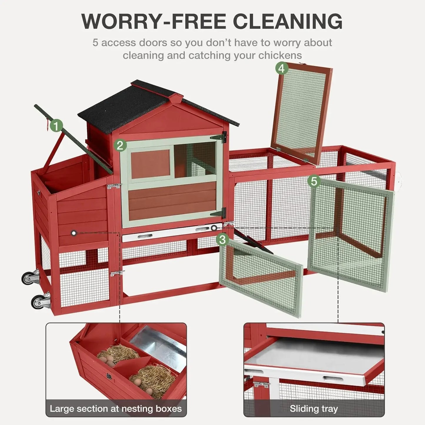 Chicken Coop for Outdoor - Poultry Cage with Wheels, Nesting Box, Leakproof Pull-on Tray, and Asphalt Waterproof Roof - Red. Have a great family experience raising chickens.