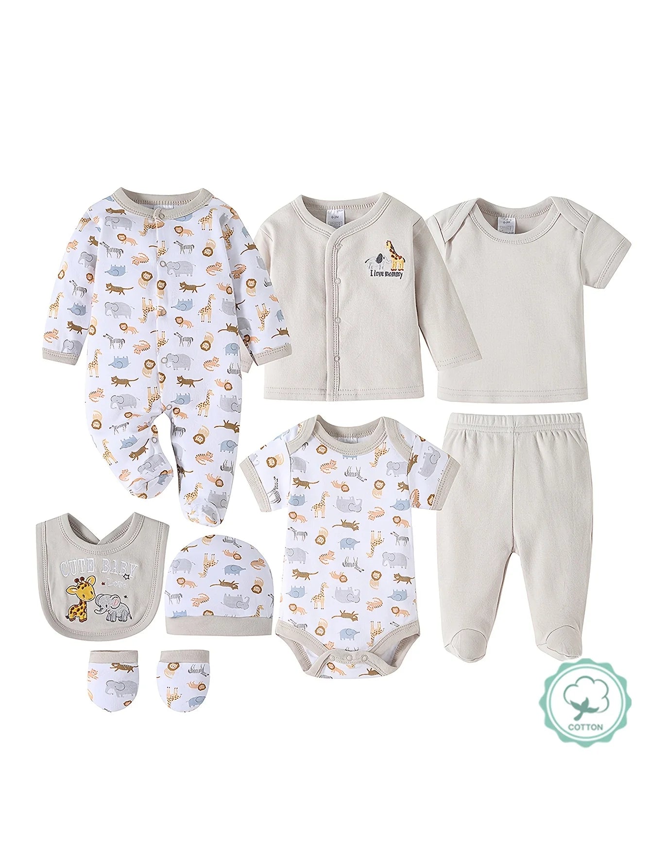 Soft Stretchy Rompers with Cute Prints (Elephant, Giraffe, "I Love Mom" Lettering) Incl. Long Romper, Hat, Bib, Socks, Pants, Jacket, Top And Bodysuit, for Outdoor Travel or Stroller Rides.