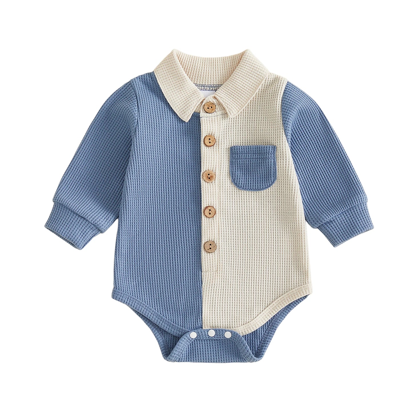 Long Sleeve Button-Up-Romper for Baby-Boys-Waffle fabric with Collar brings comfort to baby in cooler weather.