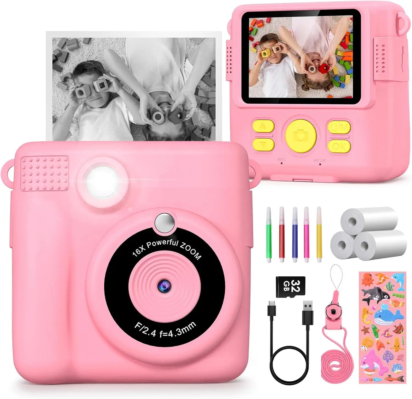Kids Digital Camera 1080P HD Instant Print Camera with 32GB Card Gift For Boys - Girls 5-12