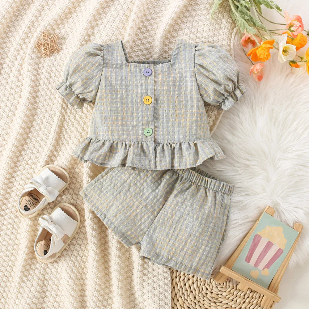 Toddler Summer Baby Girl Cotton Pastel Plaid Bubble Sleeve Top And Shorts Set, Cute for Special Occasions.