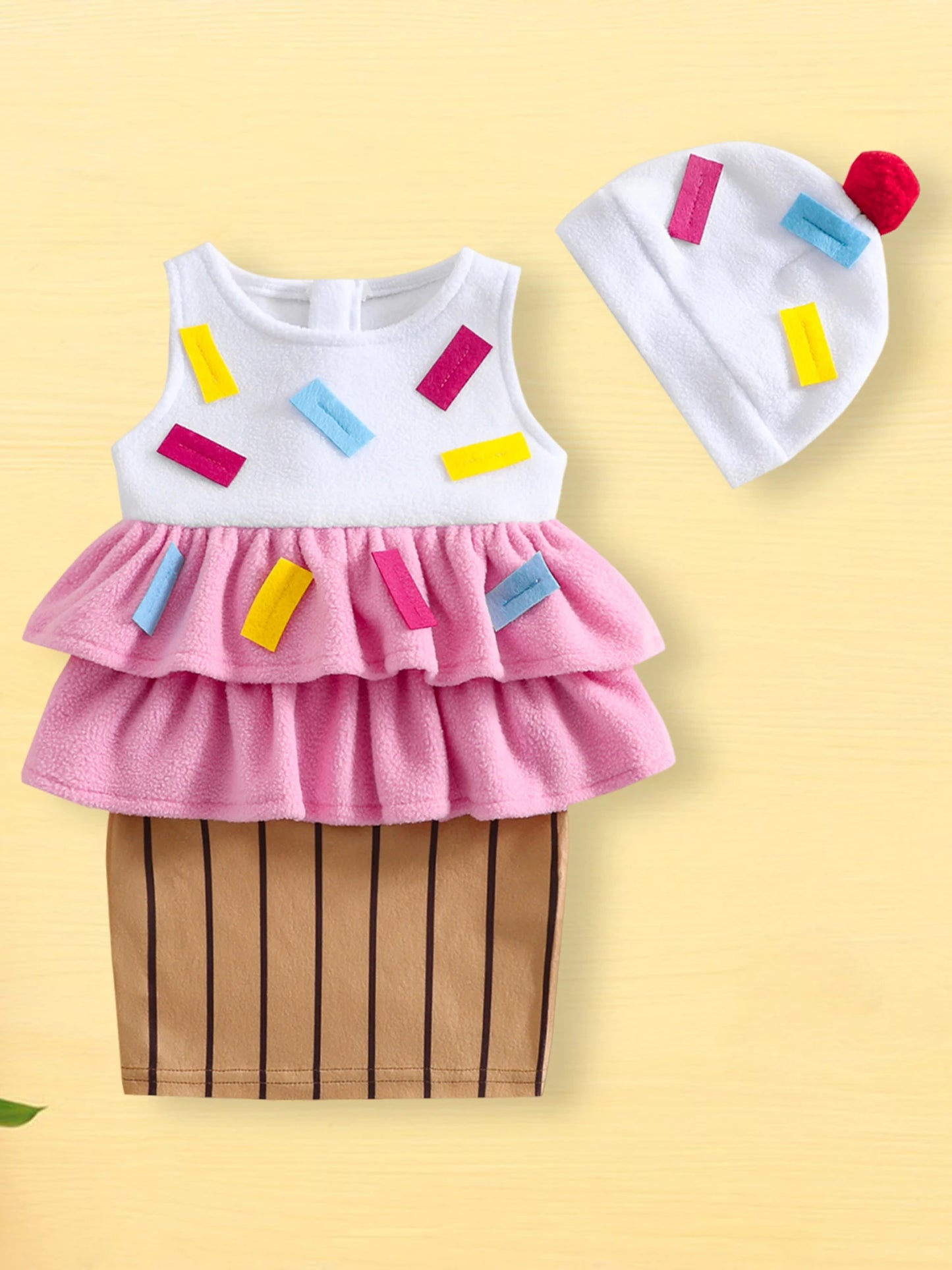 Infant Sweet Treat Costume with Dress and Hat - Adorable Ice Cream Cone Outfit for Playtime, Dress-Up Fun and Birthday Celebrations.