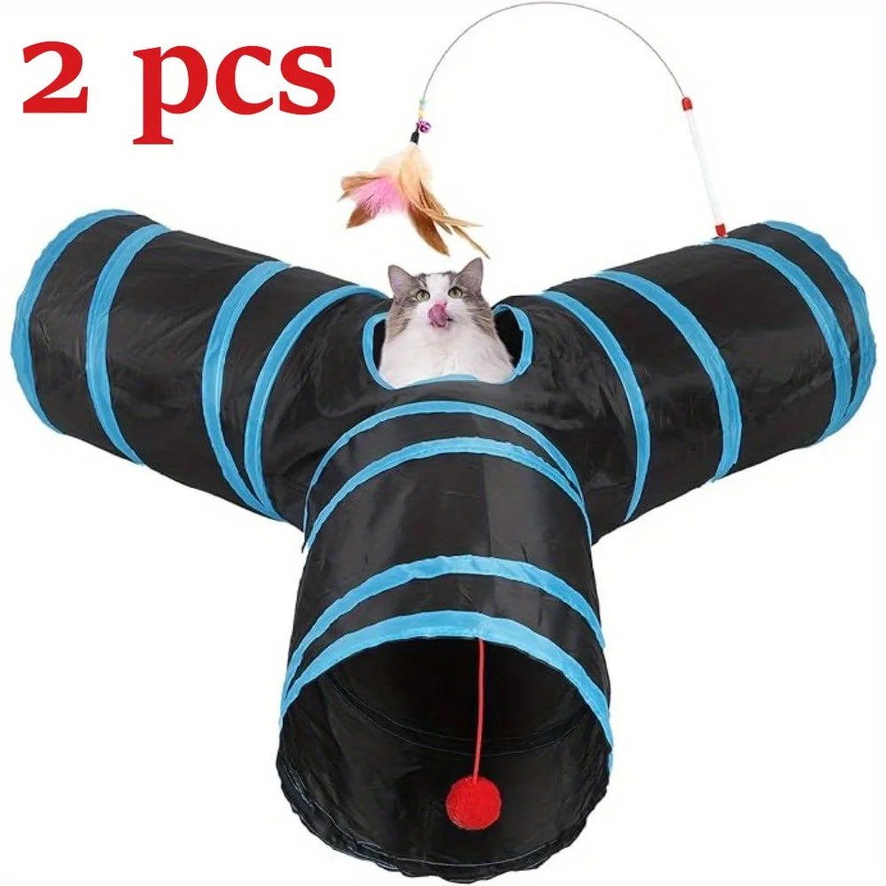 2pcs Cat Toy Set, Including Tunnels and Teasing Sticks, with Ball Foldable 3-Way Tunnels, Portable Cat Tunnel Toy, Cat Interacti