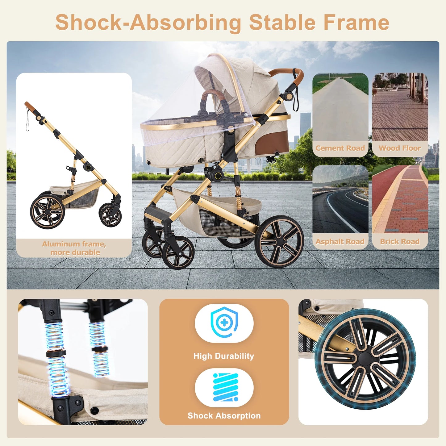 2 In 1 Baby Stroller Foldable Carriage With Reversible Bassinet