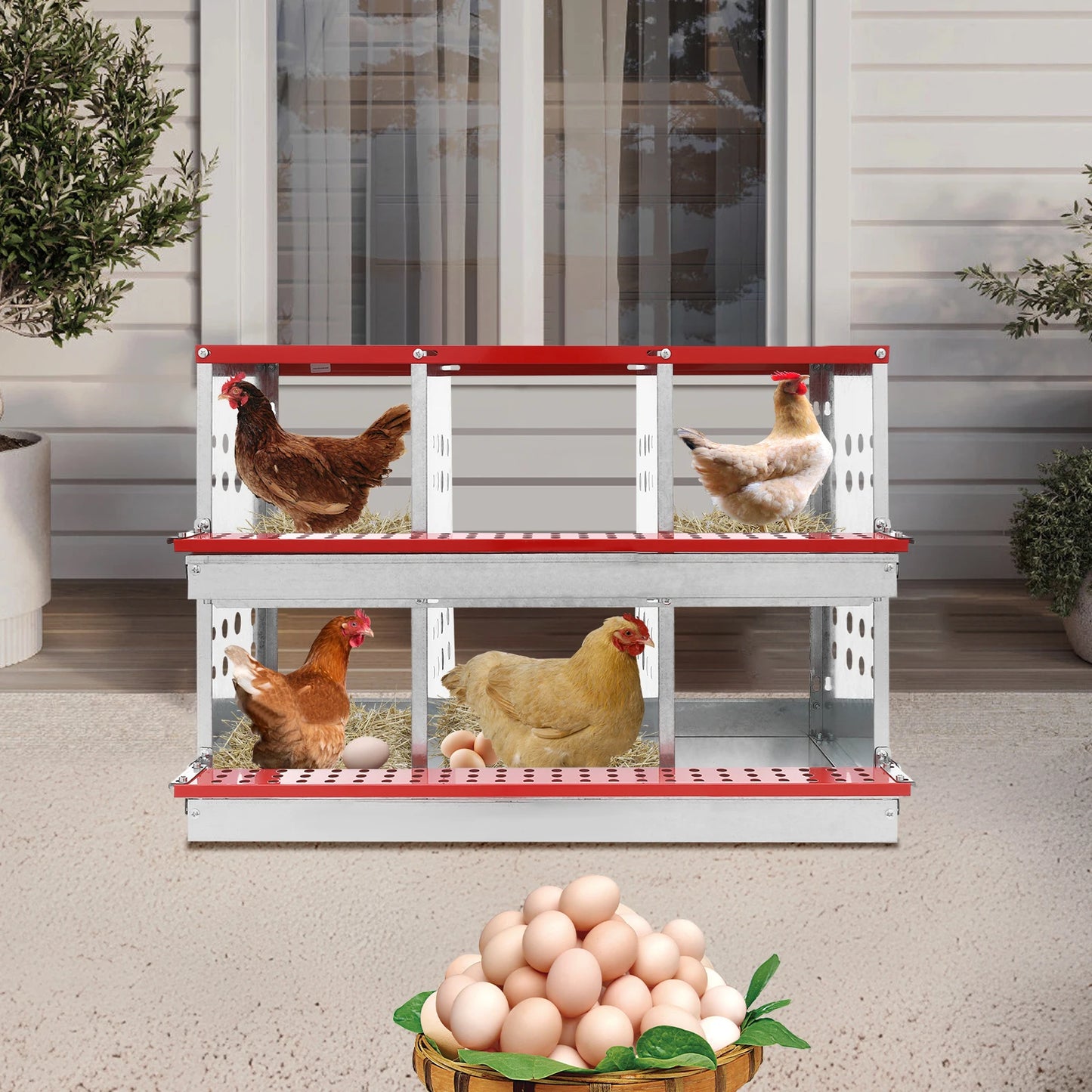 Two Tier Metal Chicken Nesting Boxes Galvanized Steel Six Compartments