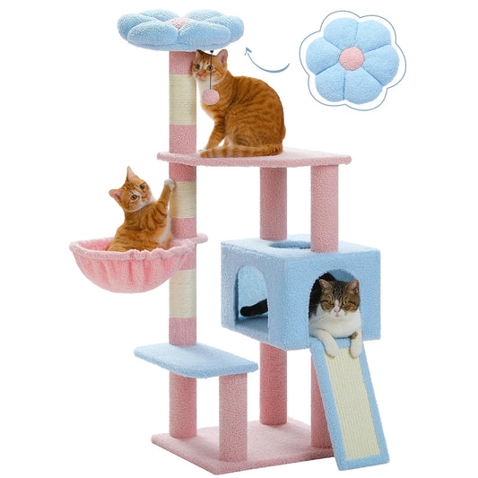 Colorful Cat Tree Tower With Sisal Posts And Perches and cute flower rooftop