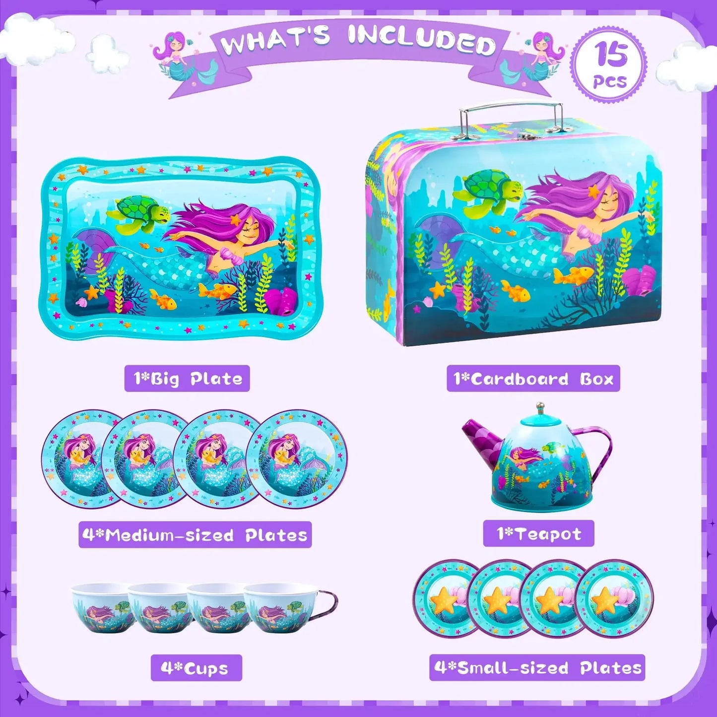 Child's Tea Set, Mermaid Tea Party, for Princess Pretend Play. Tin Teapot, Cups, Plates and Carry Case for  Toddlers to 6 Years Olds