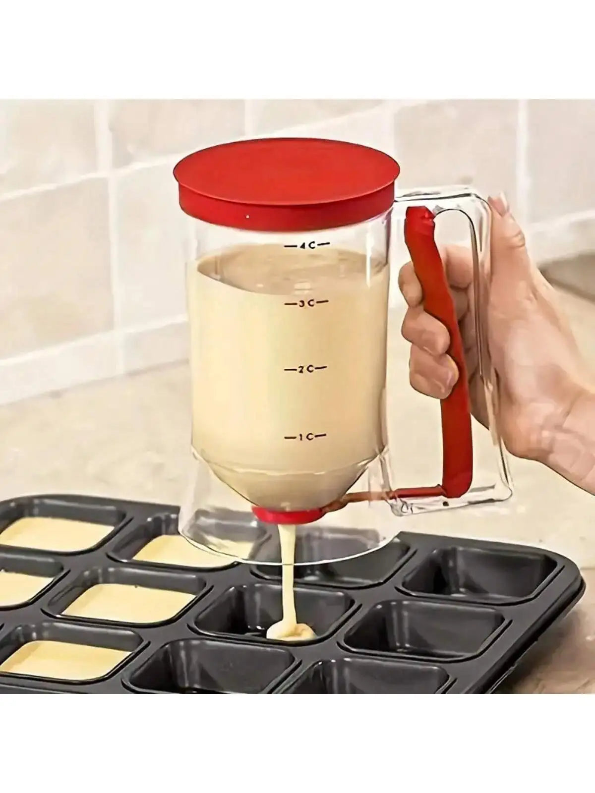 Pancake Batter Dispenser With Handle, Pairs with mini Pancake griddle, Batter Mixing Dispenser, Perfect For Pancakes, Cupcakes, Waffles, Muffin Batter, Cakes, use with Cupcake Liners. A great Kitchen Tool for Family Gathering