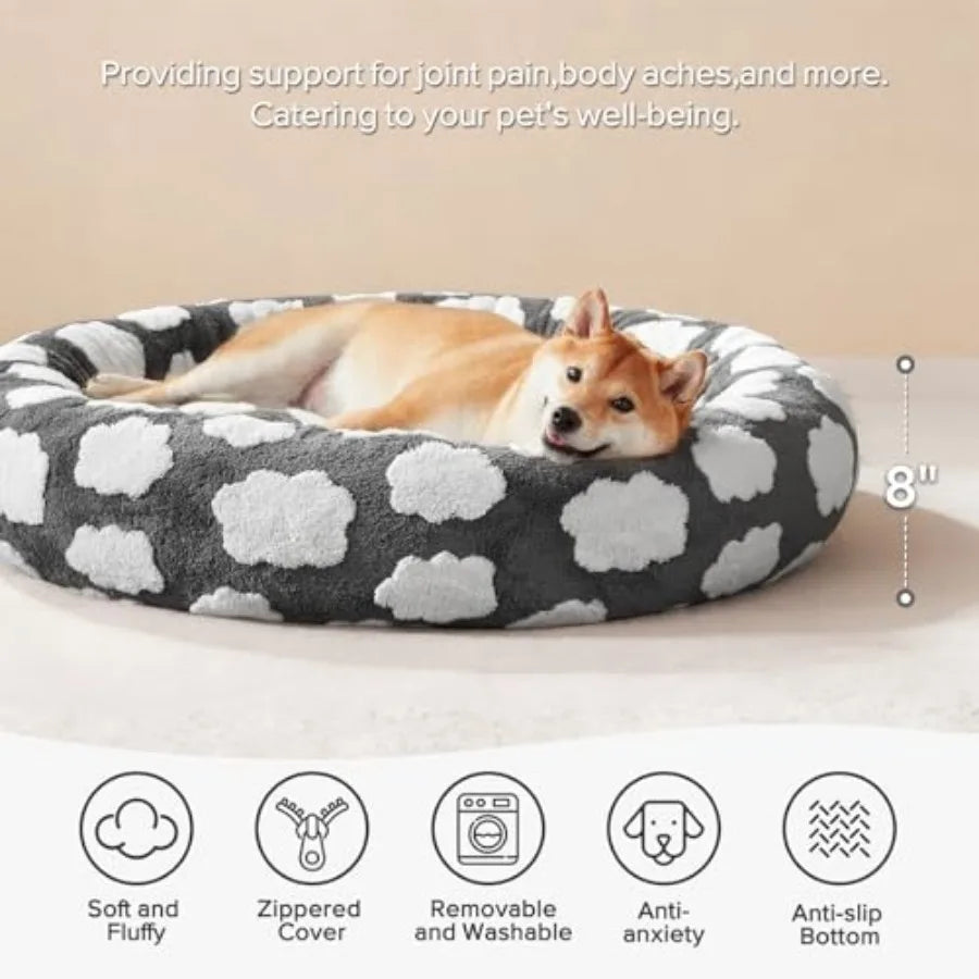 Donut Dog Bed Medium Size, Cute Round Calming Pet Bed with Removable Washable Cover, Orthopedic Cat Puppy Bed with Jacquard Sha