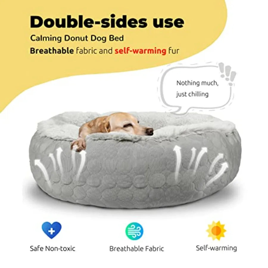 Dog Donut Calming Bed, Fluffy Cushion for Dogs, Cooling and Warming Double Sided for Comfort.