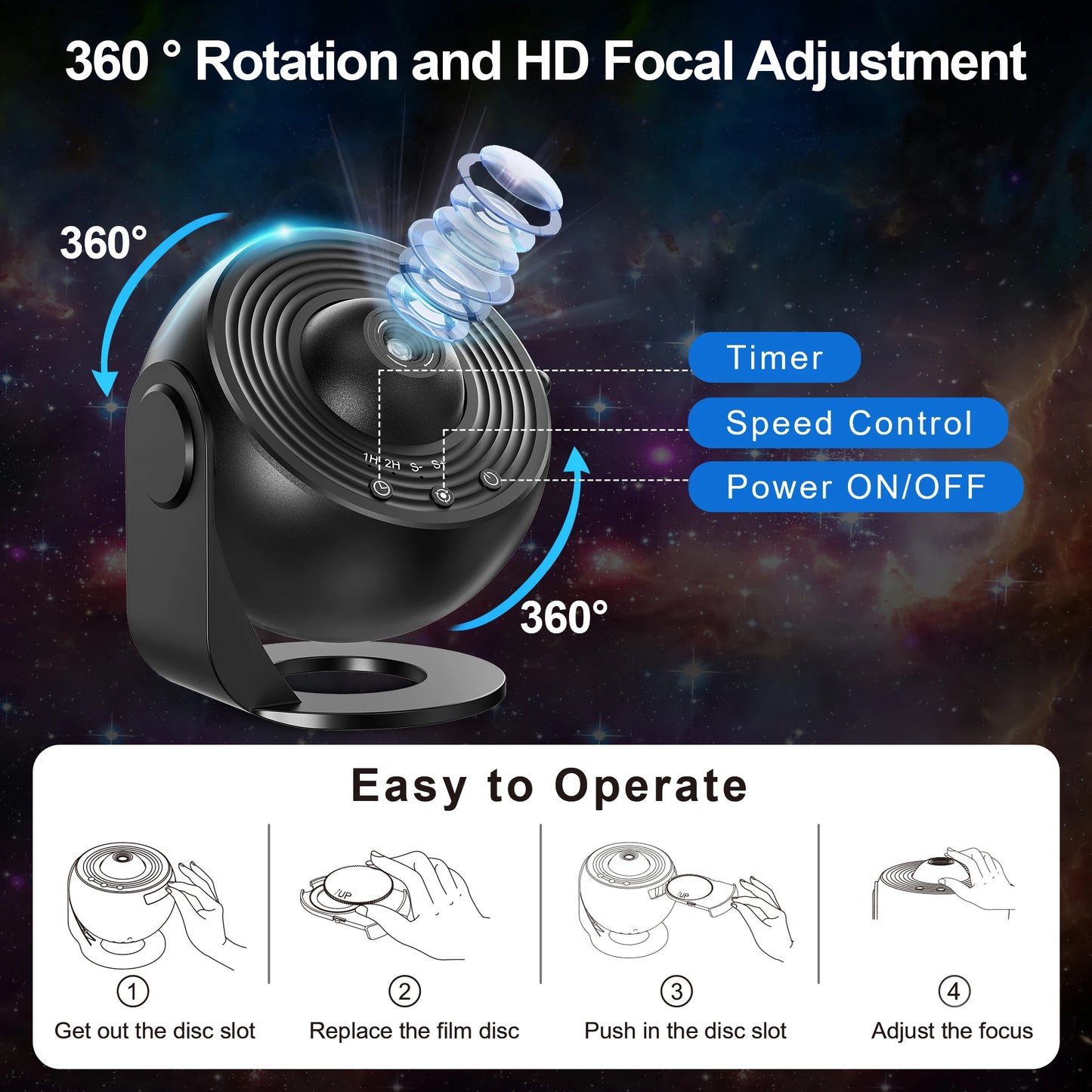 Star Projector 360 Degree Galaxy Night Light With Timer, making your room a mini-Planetarium