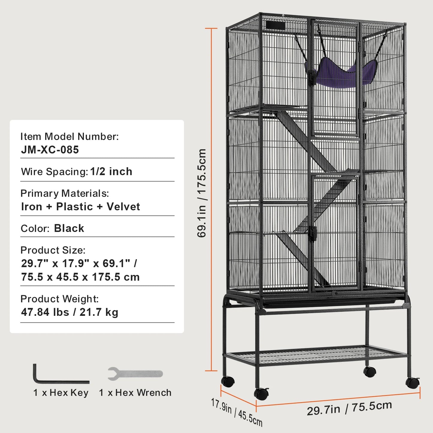 64.6" Rolling Metal Ferret Cage with 4-Tiers- Small Animal Cage for Pet Chinchillas, Guinea Pigs, Sugar Gliders