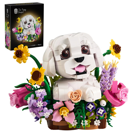 Dog and Flower Bouquet Building Blocks Set compatible with LEGO brand, for the pet and flower lover in the family. Great gift, too.
