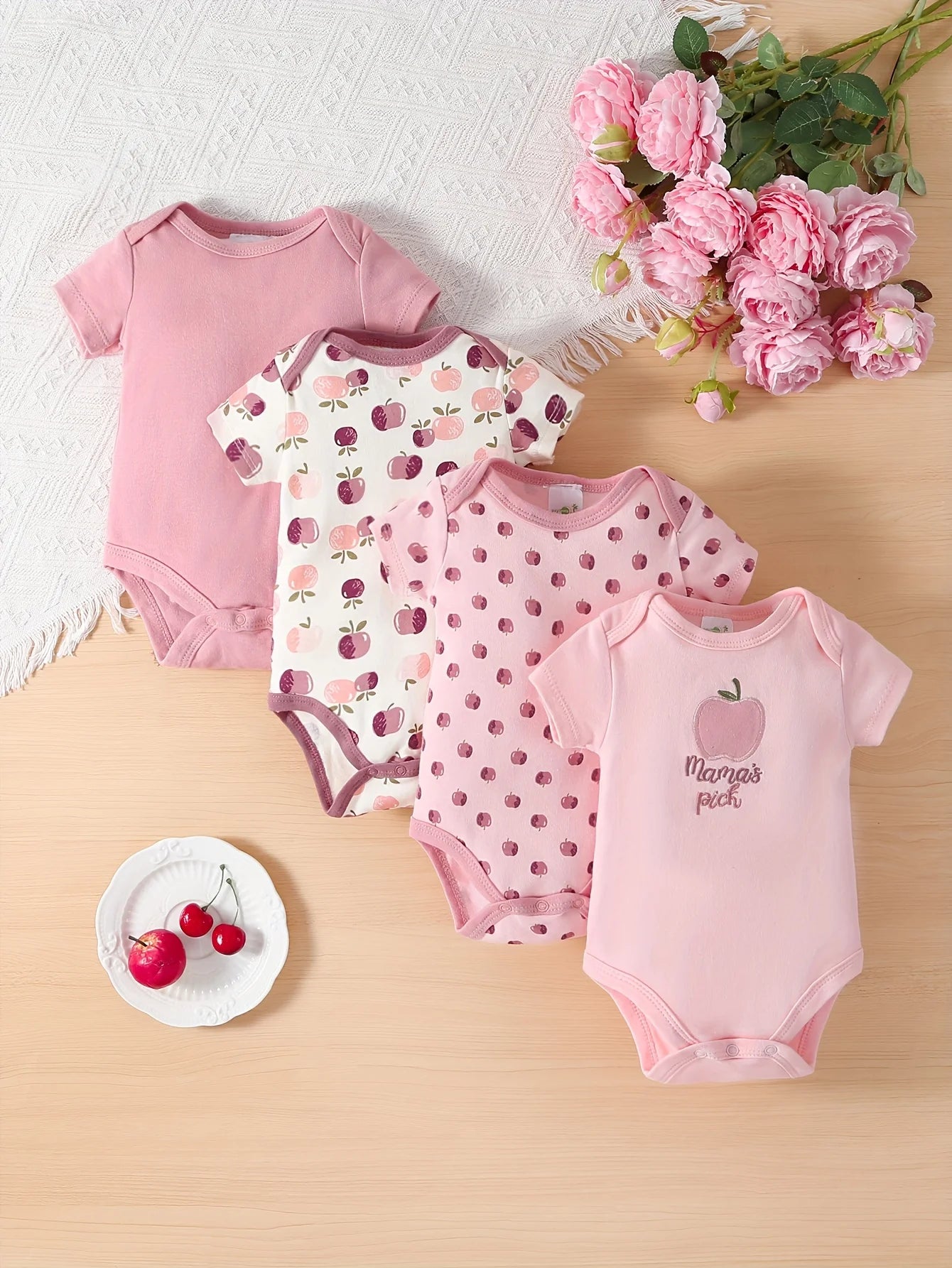 4pc Set Of Baby Girl Short Sleeved Cotton Onezies,  Perfect for keeping cool in Summer or layering under shirts and pants for cooler weather.