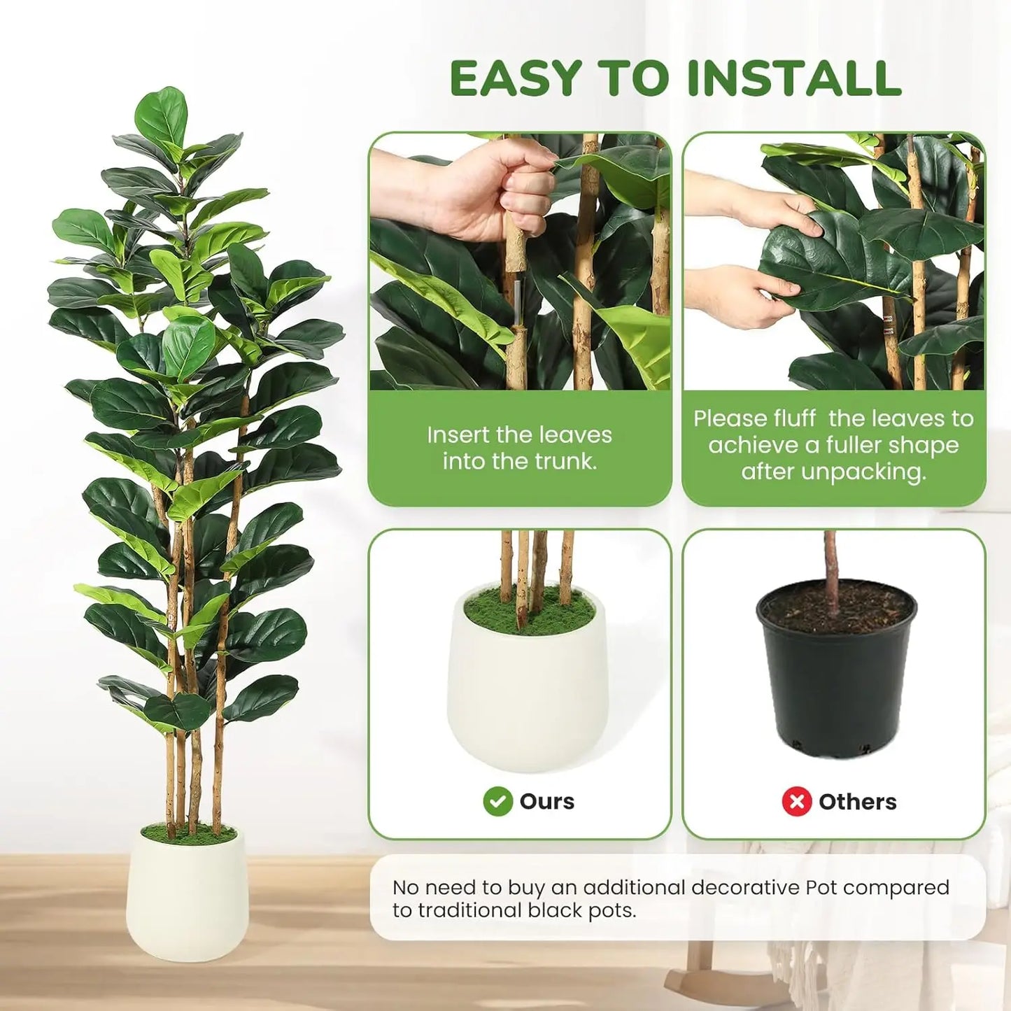 5/6/7 Ft  Artificial Fiddle Leaf Fig Tree with Decorative Pot Faux Trees, Beautiful Greenery for Enhancing the Home