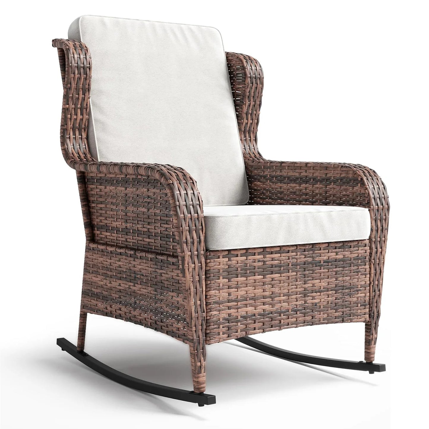 Outdoor Wicker Rocking Chair, All-Weather Patio Rocker with Thick Cushions, High Back Rattan Chair For Adding Style to Front Porch, Garden or Backyard