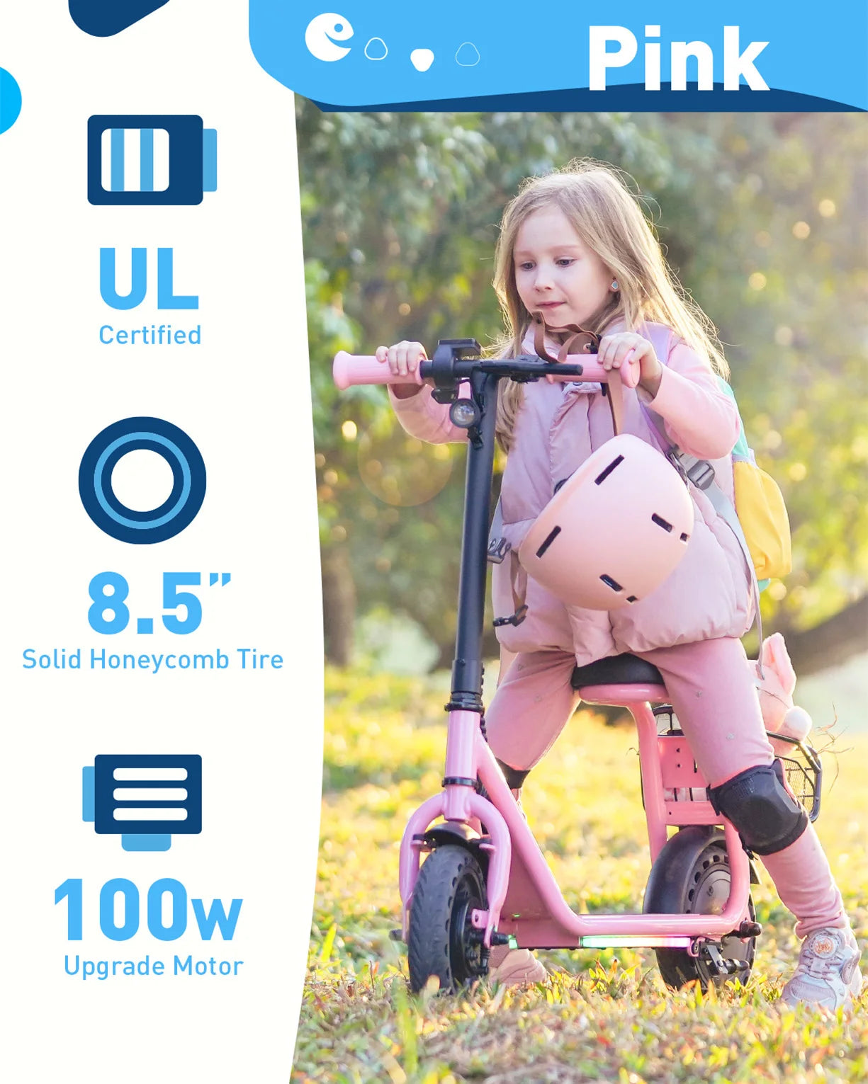 Kids Electric Scooter With Seat, 100W UL Battery with 3 adjustable speeds