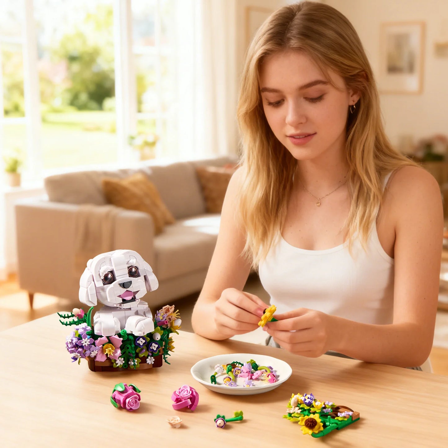 Dog and Flower Bouquet Building Blocks Set compatible with LEGO brand, for the pet and flower lover in the family. Great gift, too.
