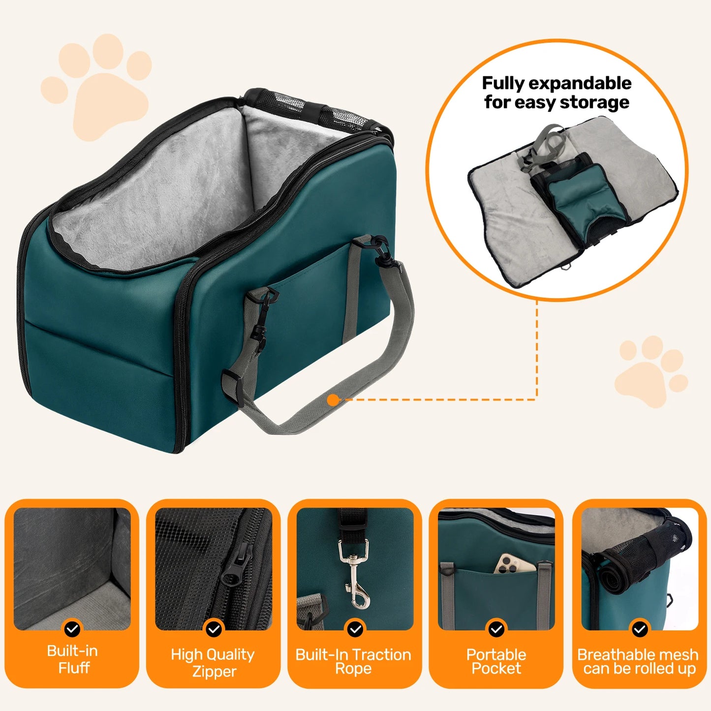 Removable and Washable Car Seat for Small Dogs and Cats -  Console Travel Bed