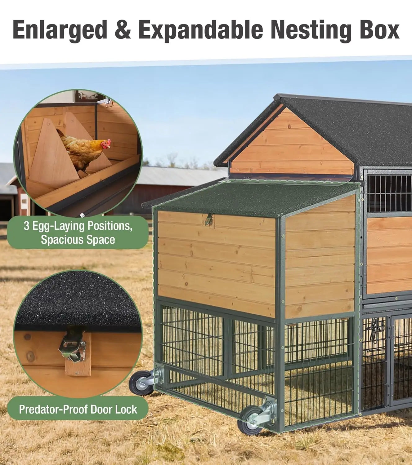 Mobile Chicken Coop with Run and Vent Window, Lockable, Waterproof