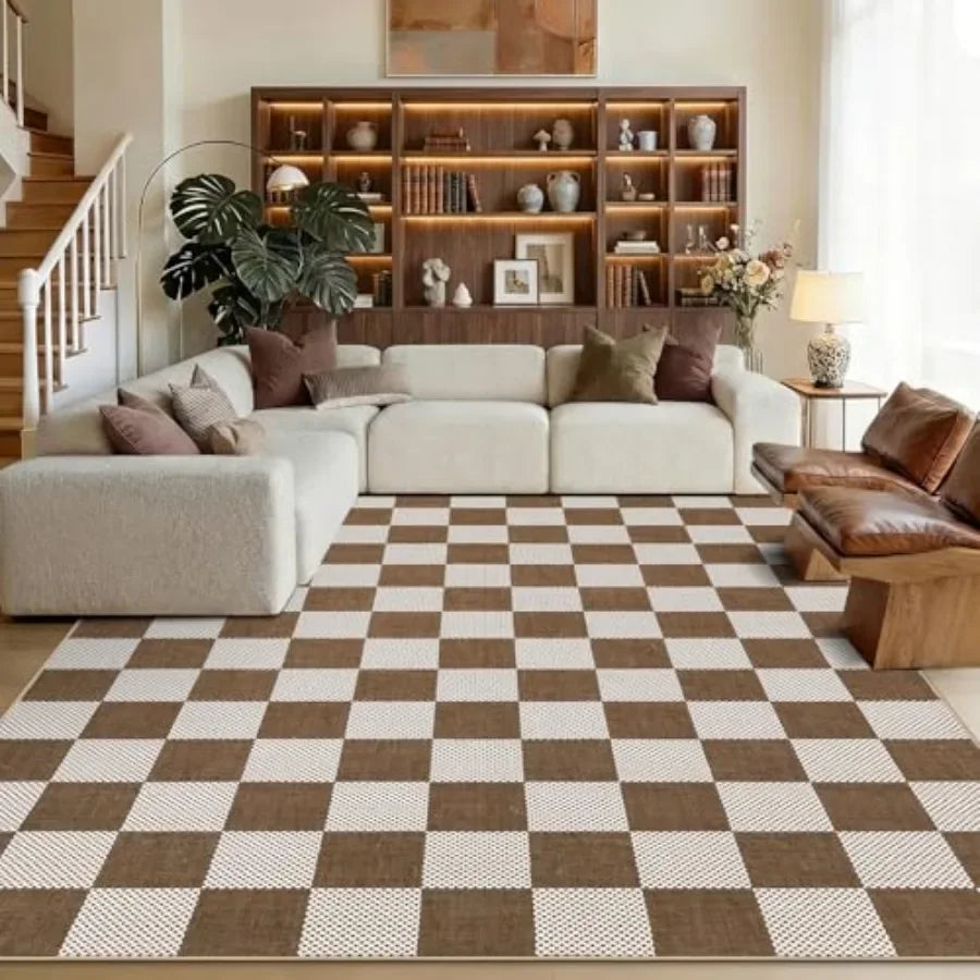 Checkered Washable Kilim Rug Geometric Neutral Boho Low Pile