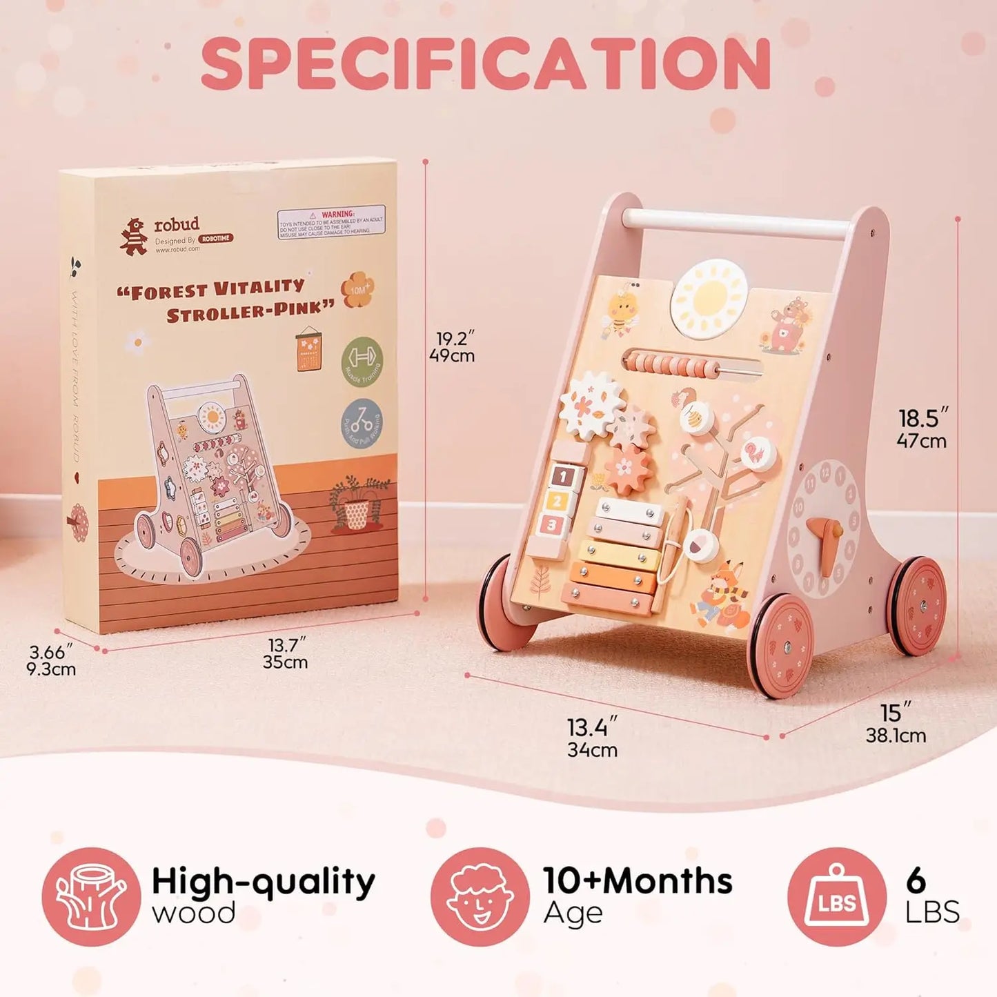 Robud Wooden Baby Walker With Wheels Montessori Push Toys