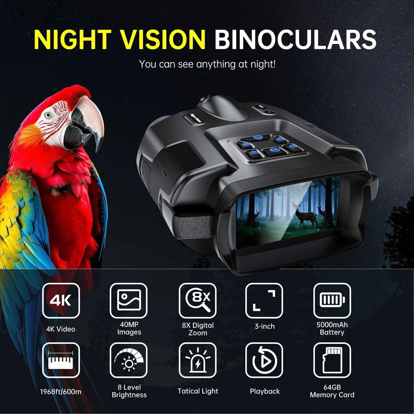 Night Vision Binoculars 4K Infrared Rechargeable 8X Zoom and 3" display