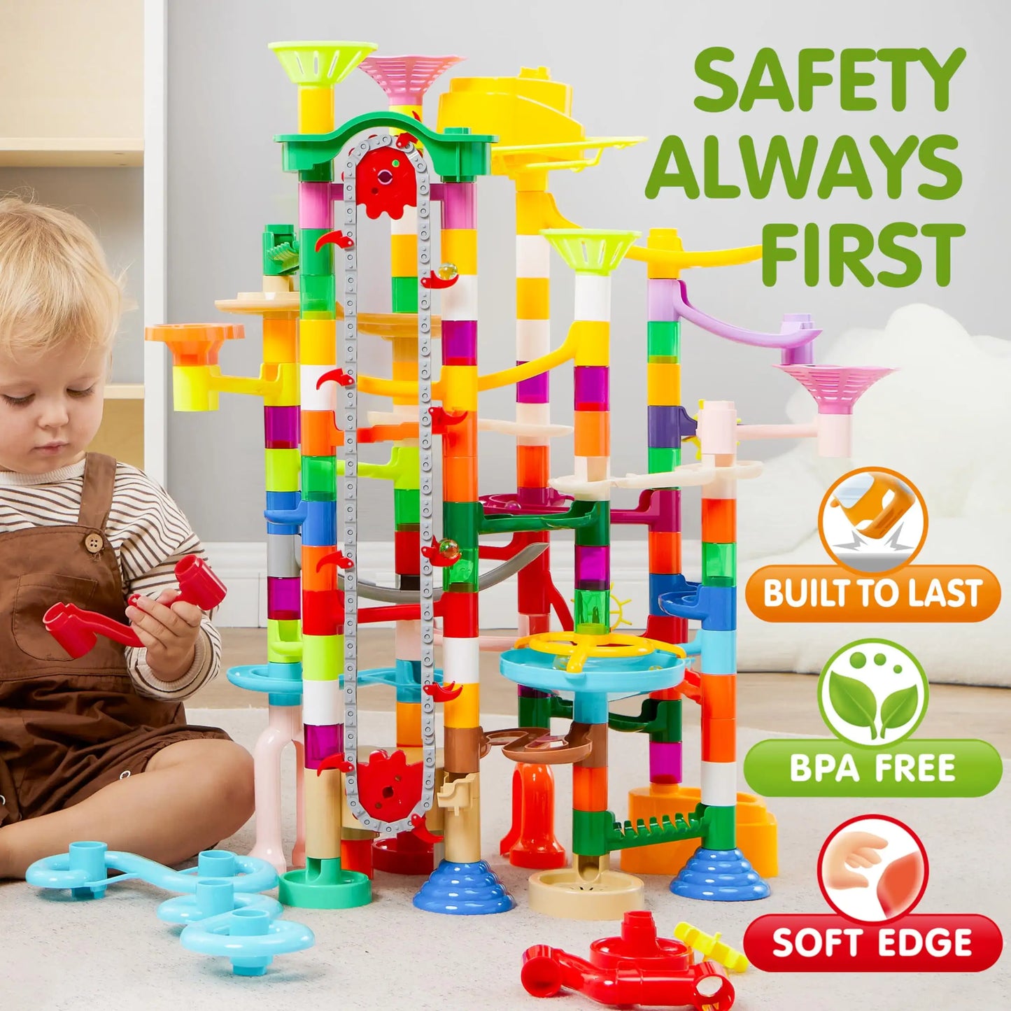 236 Pcs Glowing Marble Run with Motorized Elevator.  Construction Building Blocks. A STEM Educational Toy Set for Kid Ages 4-8