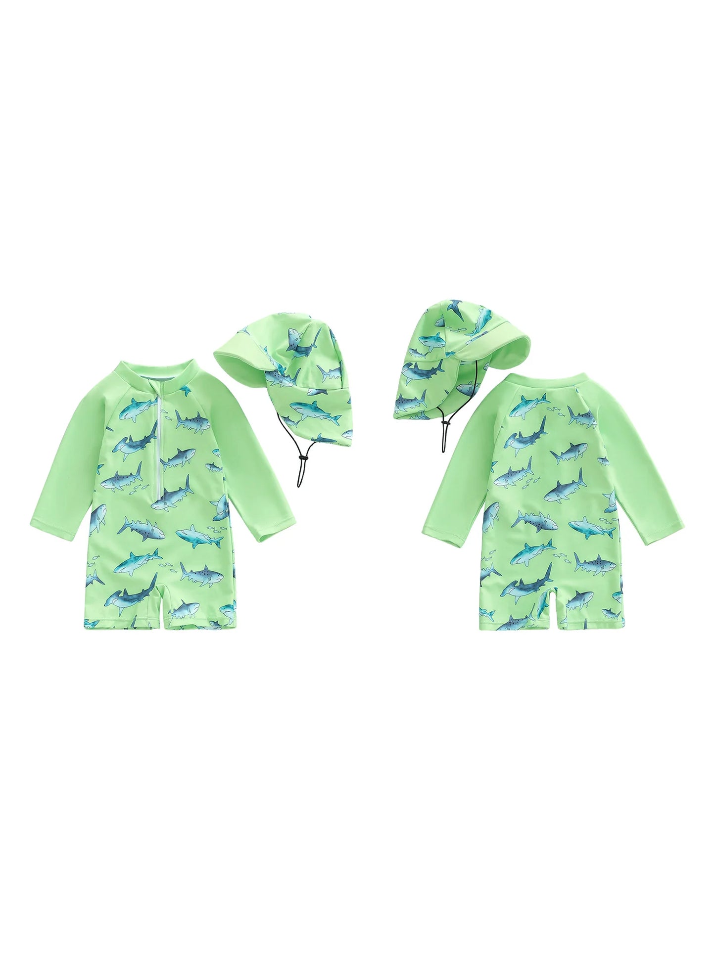 Baby Boys  Rash Guard Swimsuit with Shark Print and Zipper Closure. Long Sleeve Bathing Suit with Matching Swim Cap for Summer Fun