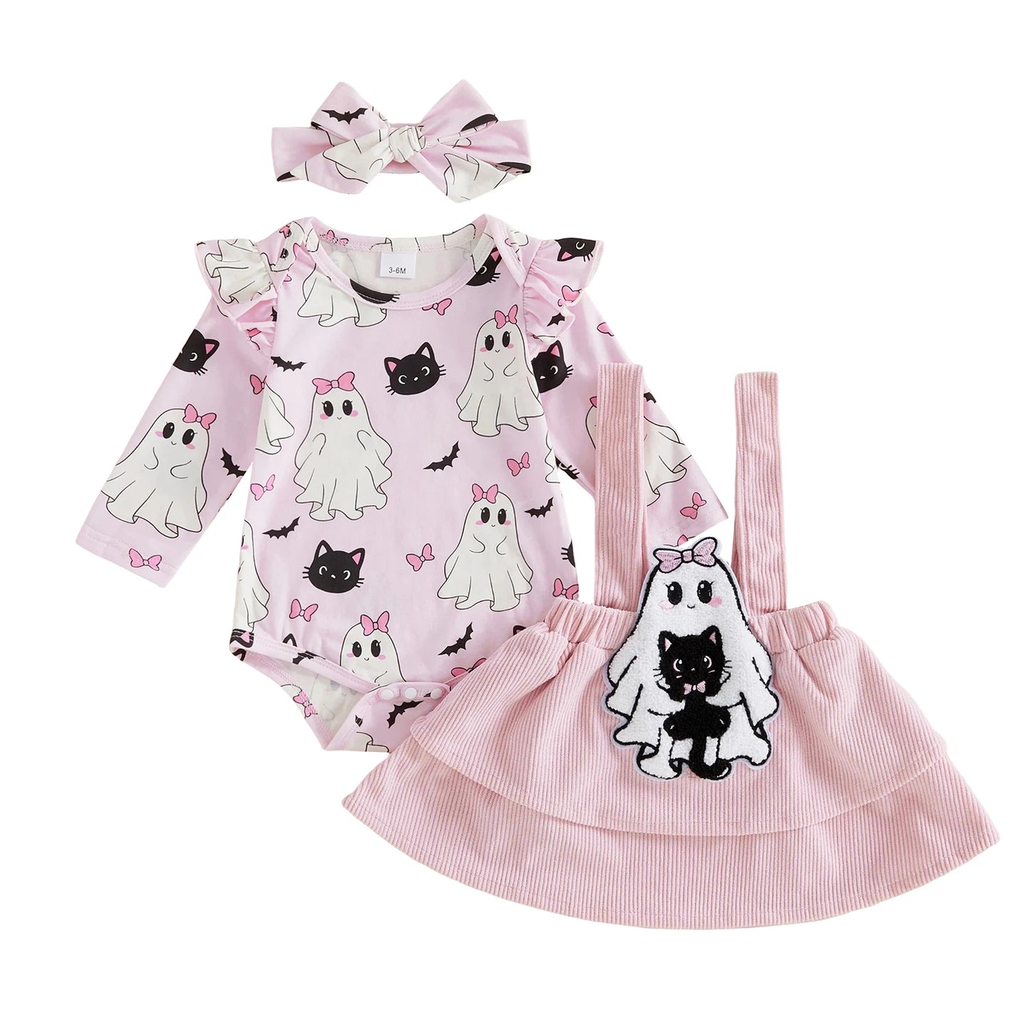 Baby Girl's Long Sleeve Romper for Sweet Halloween Outfit. Pair with tights to complete the look. Order now for October gatherings.