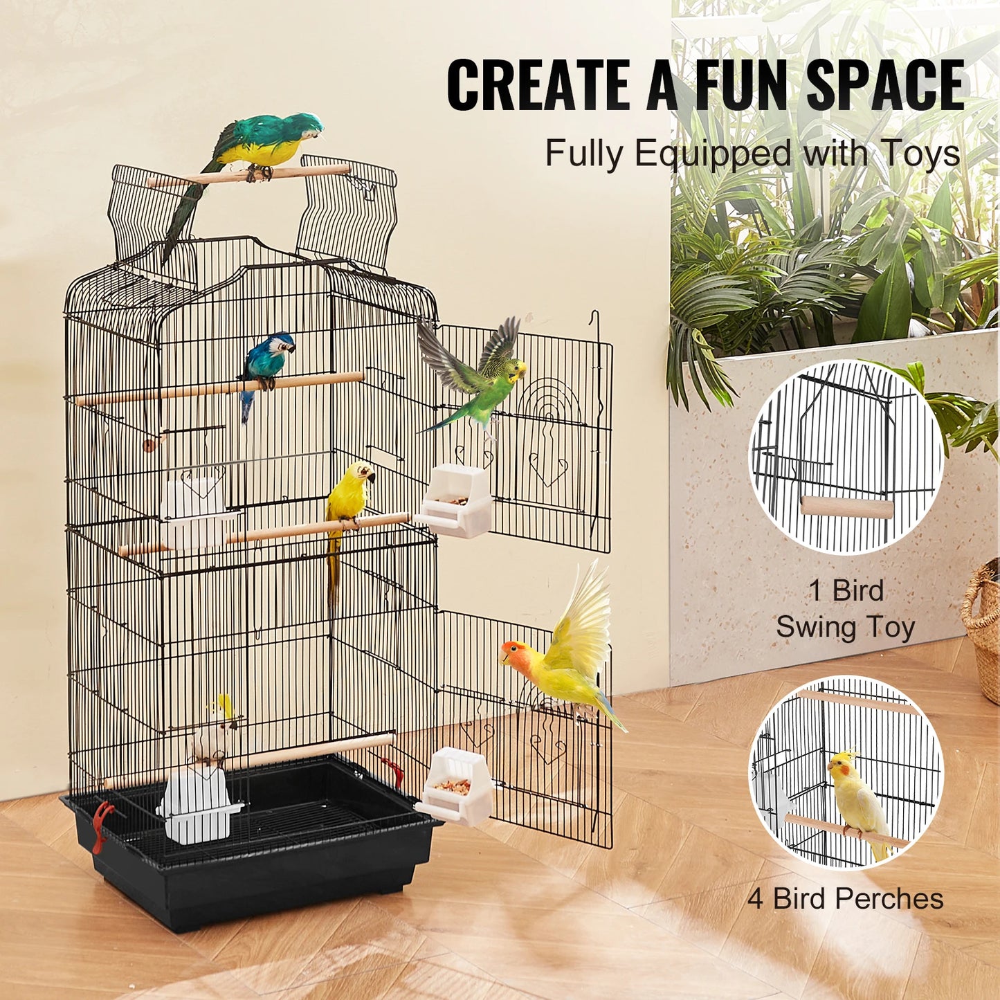 Open Top Bird Cage With Swing And Perches For Various Birds