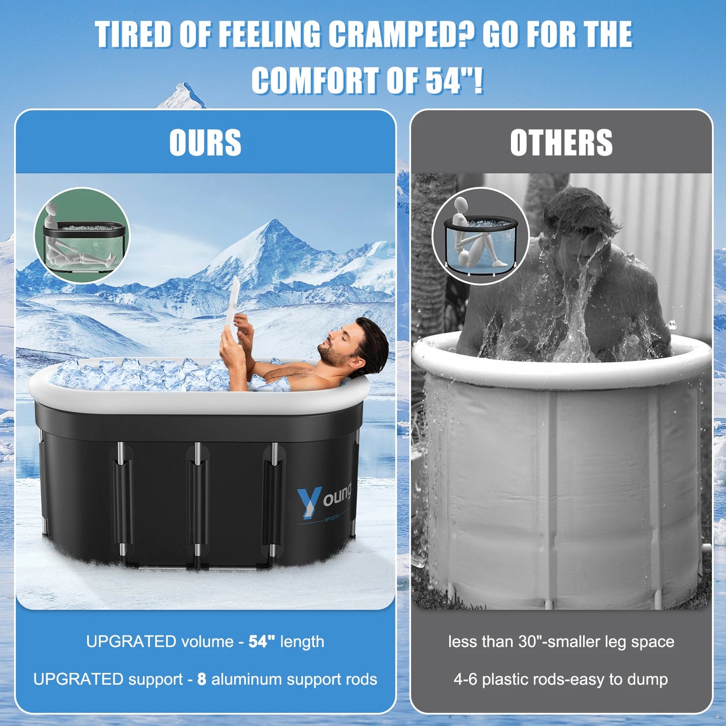 Ice Bath Tub for Athletes, 141 Gal XXL Large Oval Cold Plunge with Padded Inflatable Rim. Cold Tub with Cover, Portable for your Wellness.