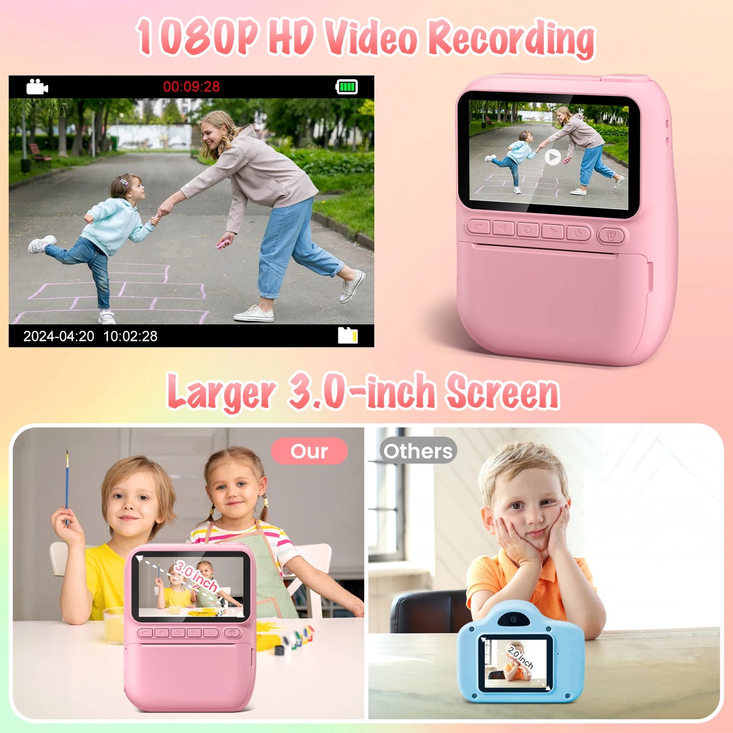 Instant Print Camera for Kids, 3.0" Kids Camera for 5-12 Years,  HD 1080P Digital Camera with 3 Rolls of Printer Paper for early exposure to creative photography.