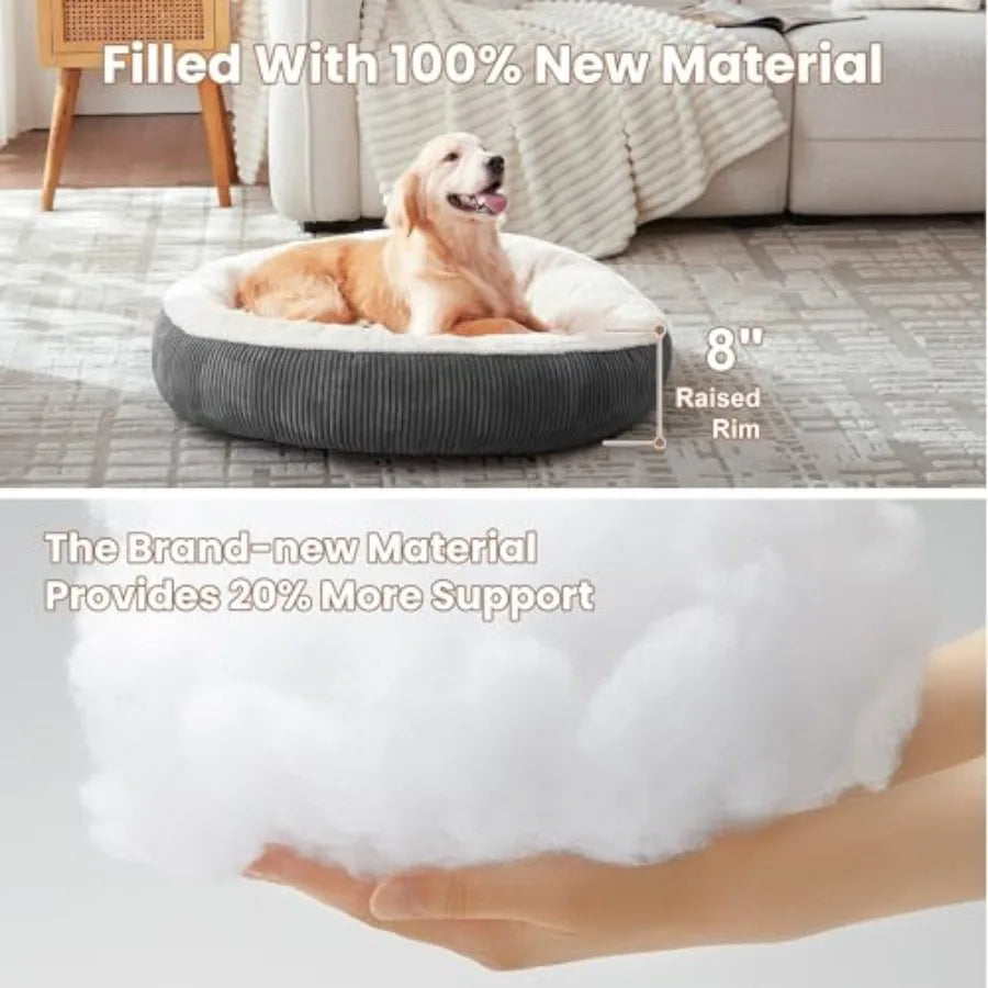 36 inches Donut Dog Bed for Large Dogs - Calming Round Pet Bed with Removable and Washable Cover, Plush Faux Fur and Corduroy