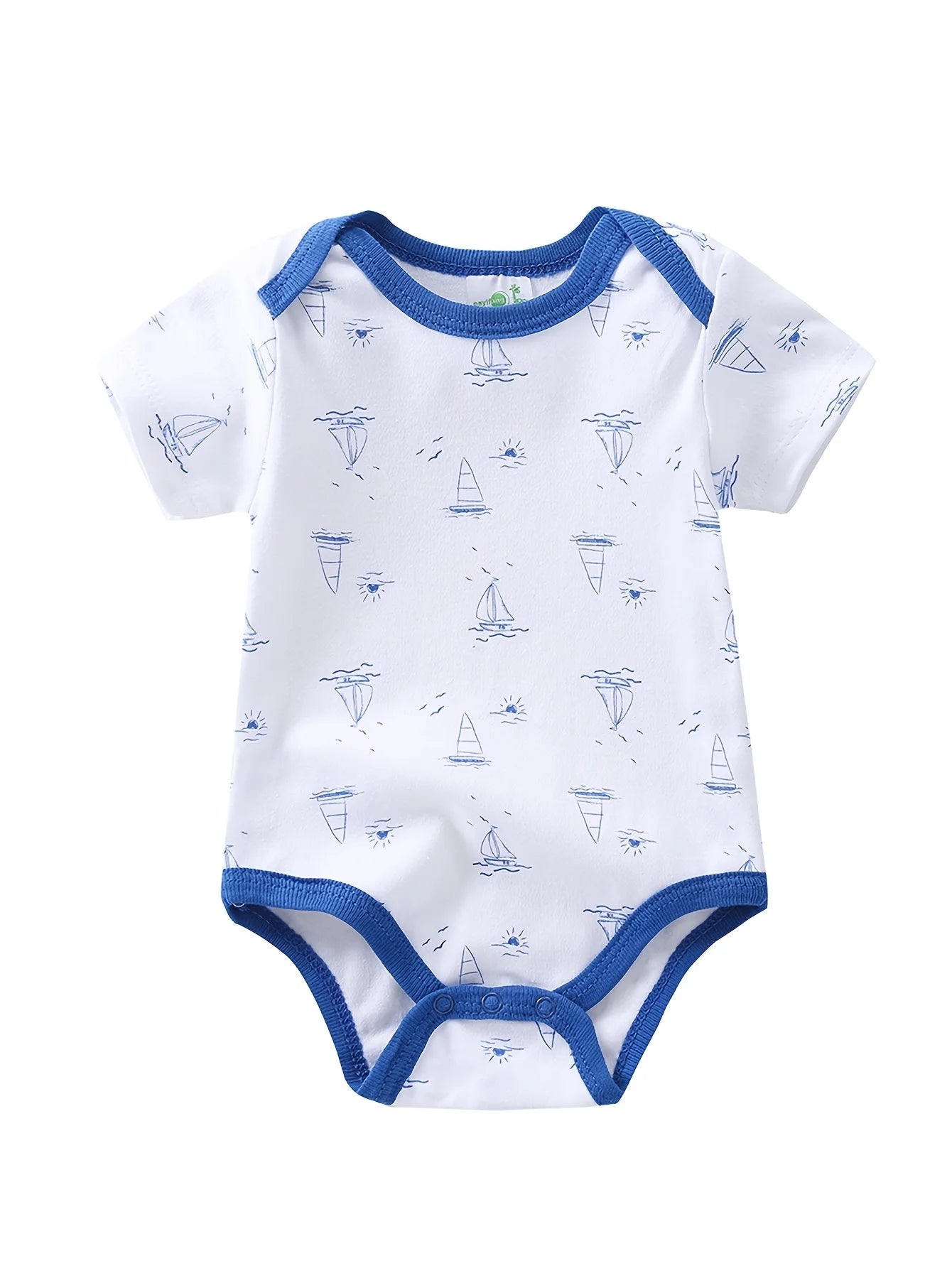 5pcs Baby Boy Bodysuits, Short Crawler Onesies, with Sailboat Pattern, Soft Breathable Casual Infant Clothes, infant sizes 0-12 months.