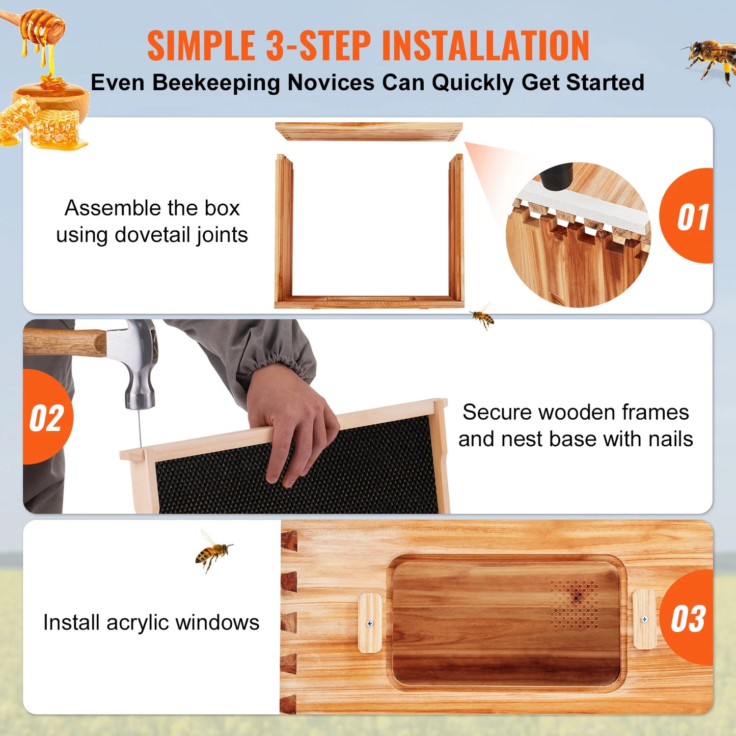 SucceBuy Bee Hive Deep Box Starter Kit Beeswax Coated Natural Cedar Wood